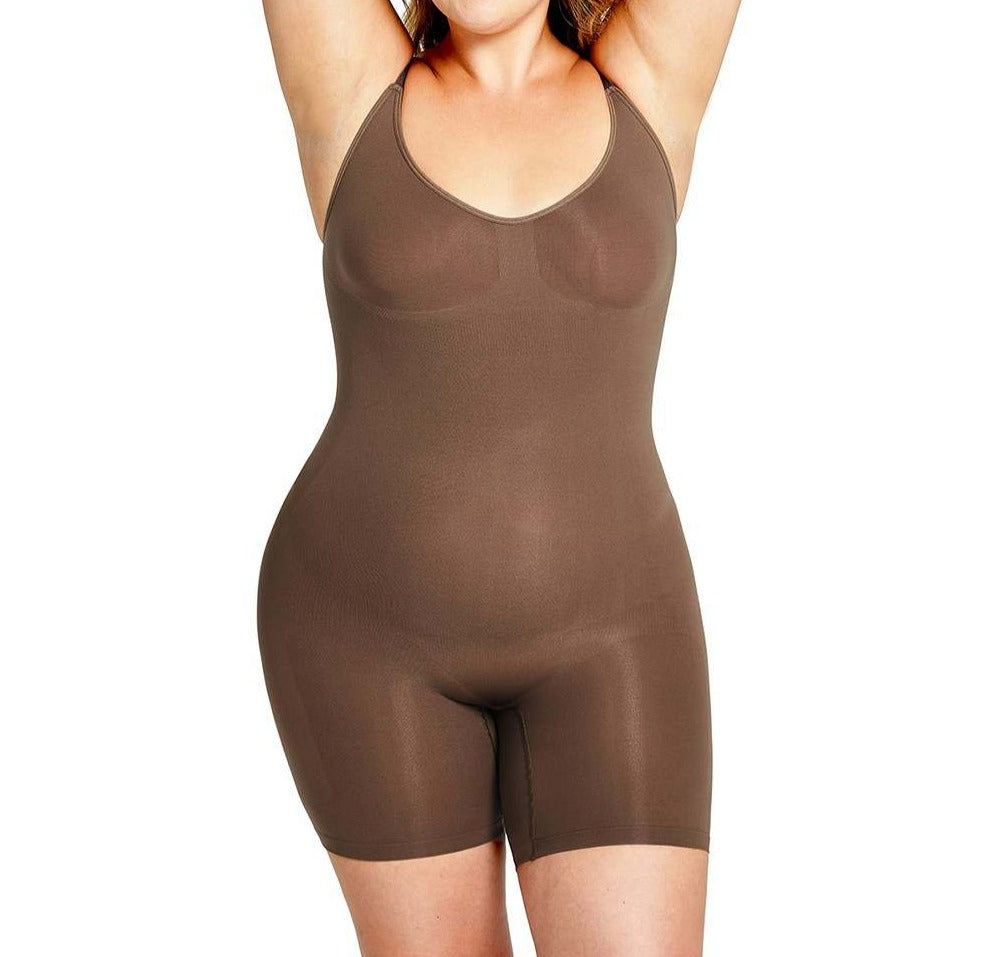 Oleidi Sculpting Bodysuit Mid Thigh W. Open Gusset - Brown – Fem Curves